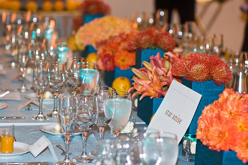 orange and blue wedding bouquets