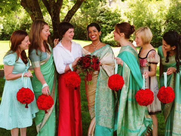 Sea green bridesmaid saris