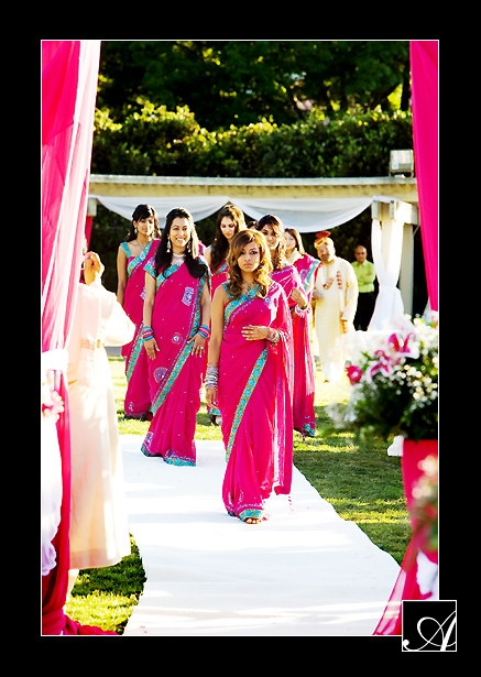 Magenta Bridesmaid Saris with a turquoise border