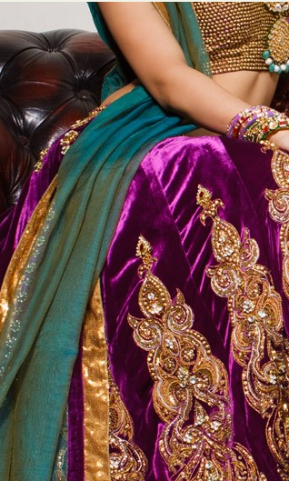 Shyamal Bhumika 39s Violet Silk Velvet Lengha with antique zari embroidery